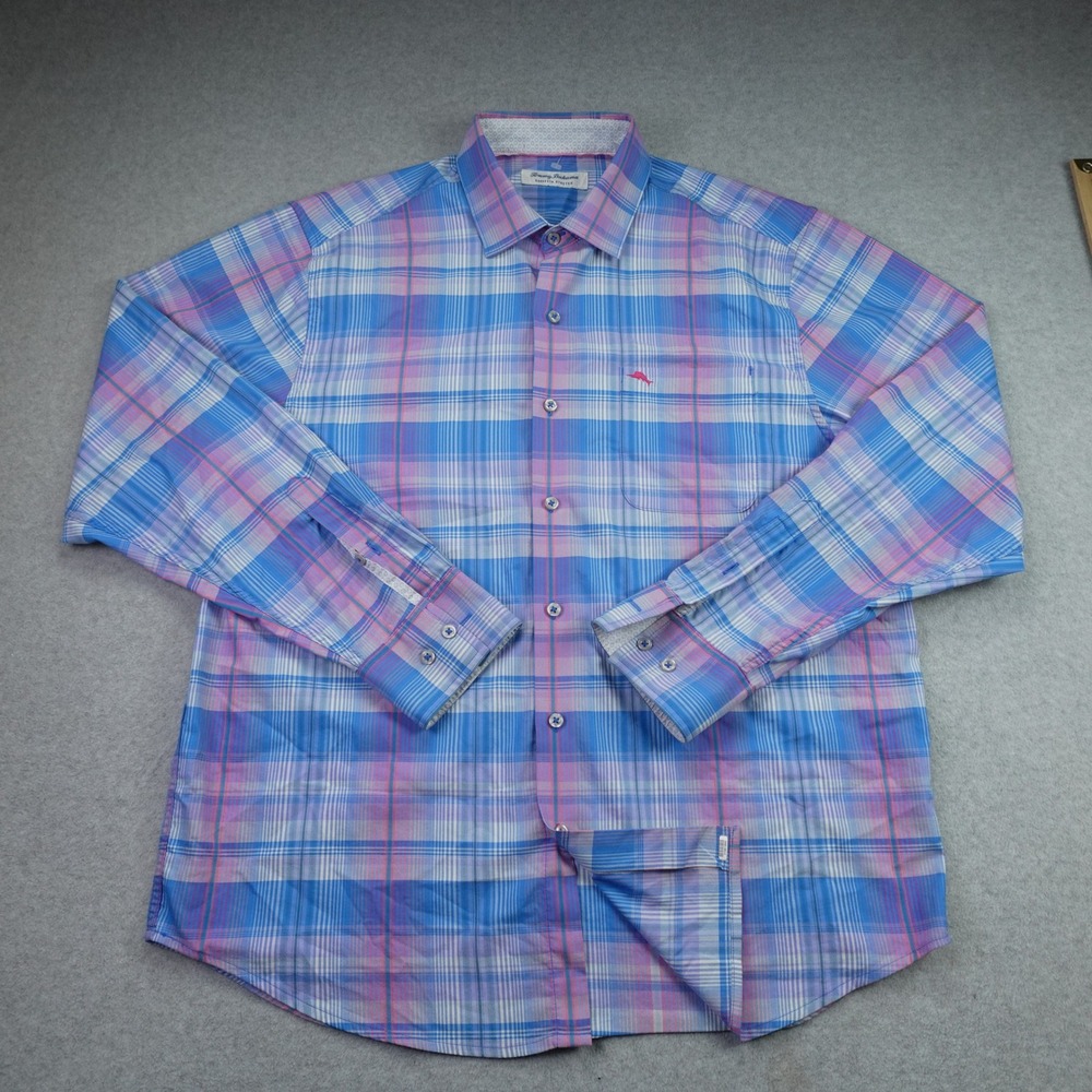 Tommy Bahama Shirt Mens Large Blue Pink Plaid Sarasota Stretch Button Up LS